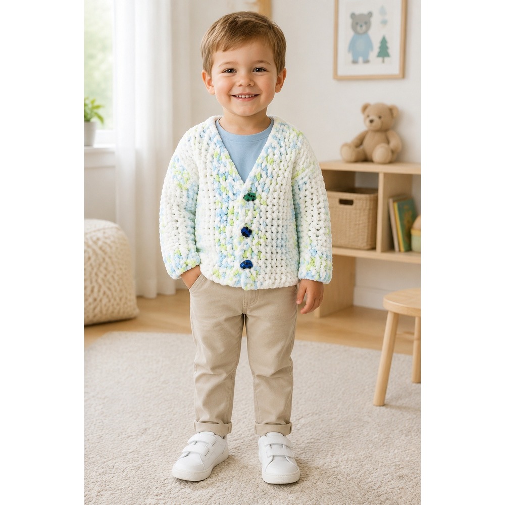 Handmade Cardigan Car Buttons White Blue Green Boys 2T-3T Cozy Knit Chenille